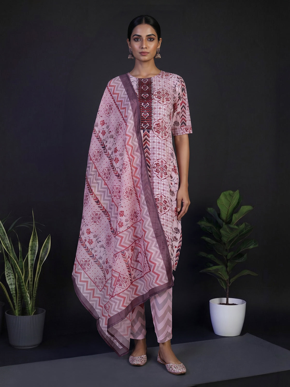 Pink silk printed yoke style kurti set with elegant dupatta