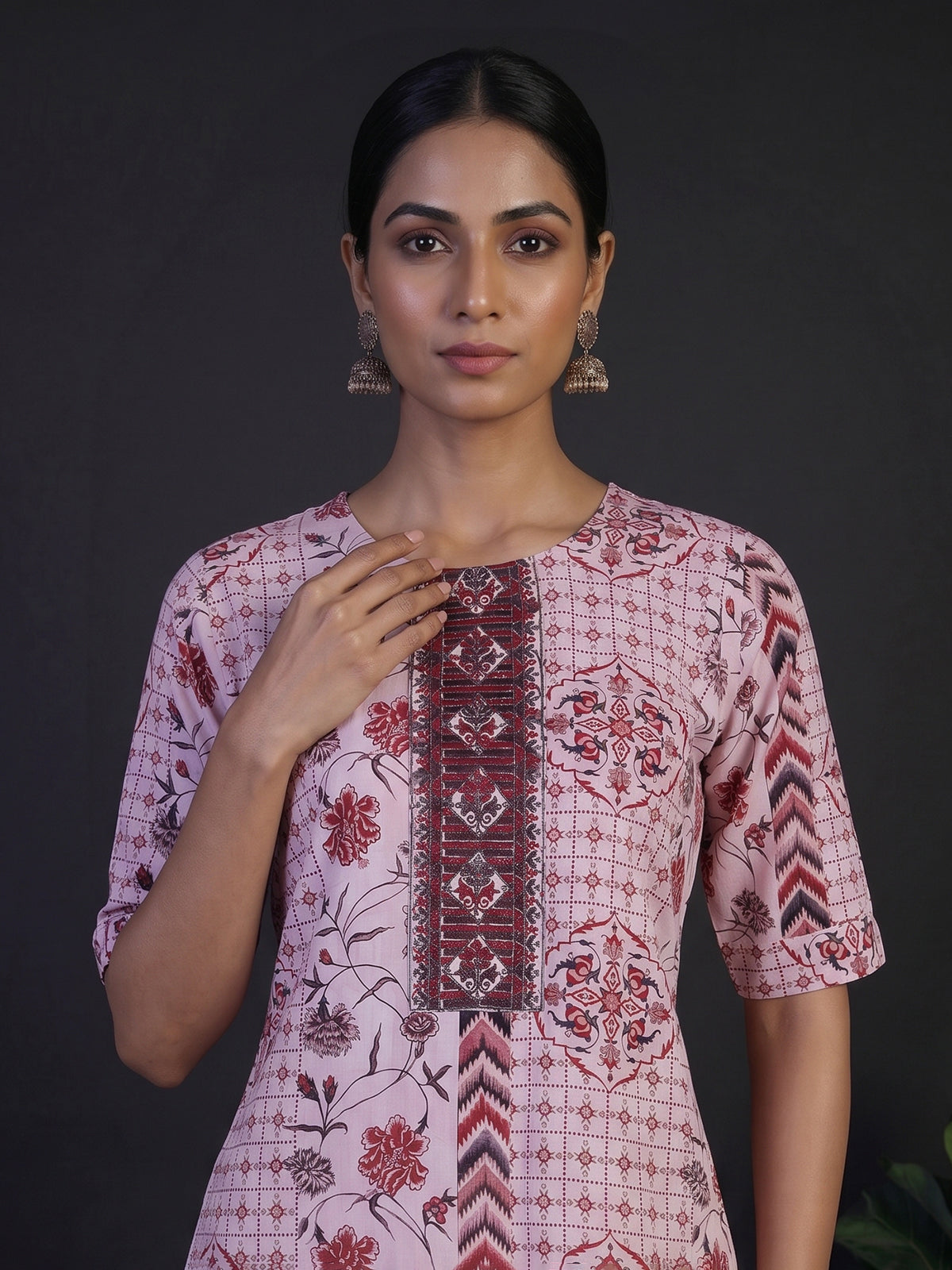 Pink silk printed yoke style kurti set with elegant dupatta