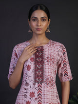 Pink silk printed yoke style kurti set with elegant dupatta