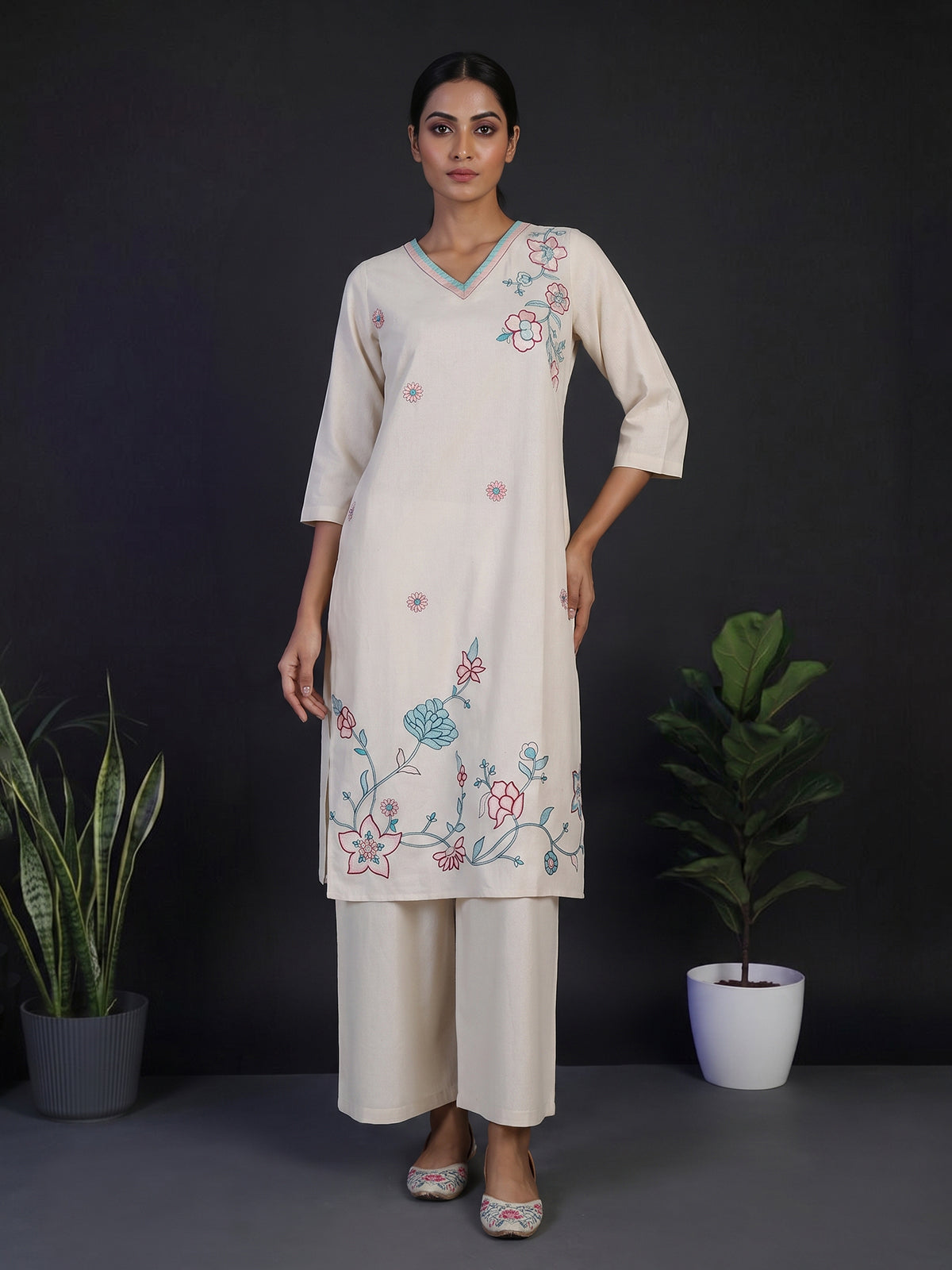 Cream linen straight cut kurti set with palazzo