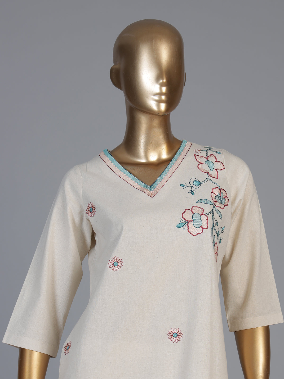 Cream linen straight cut kurti set with palazzo