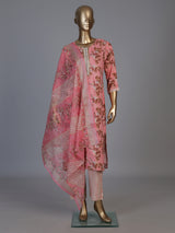 Pink silk printed straight cut kurti set with dupatta and pants