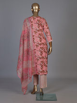 Pink silk printed straight cut kurti set with dupatta and pants