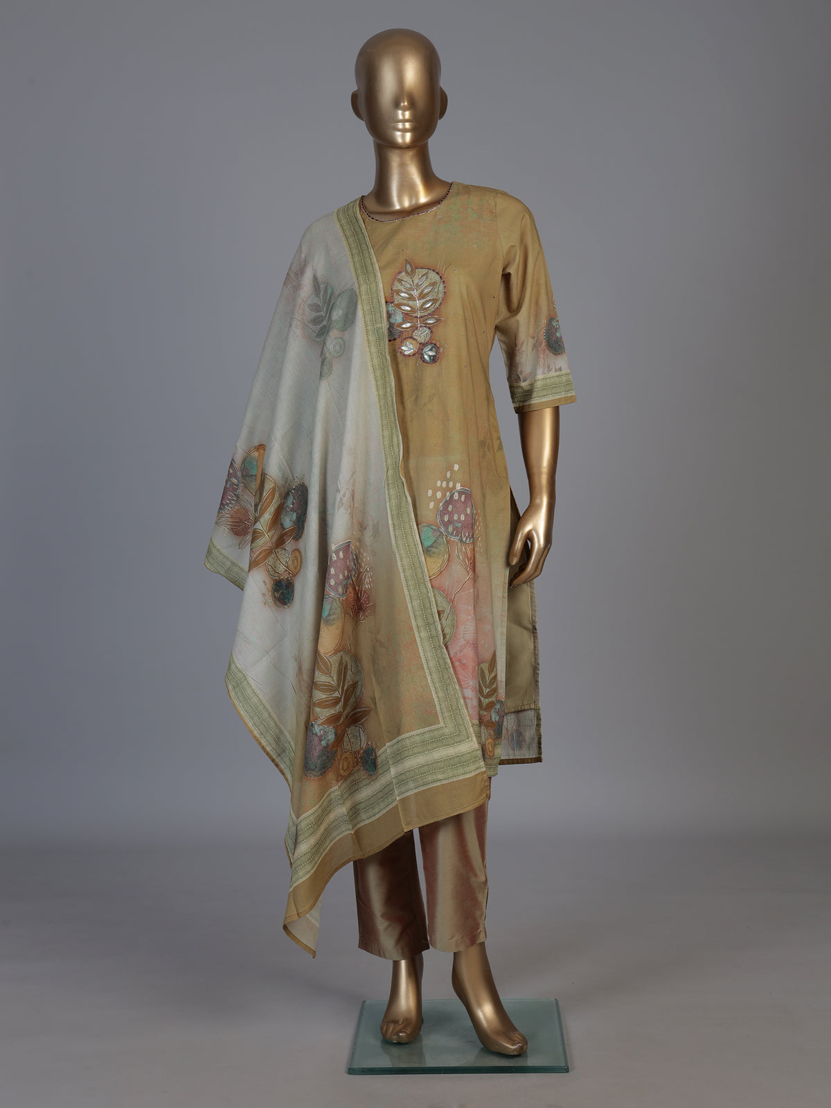 Beige silk printed kurti set with dupatta and pants