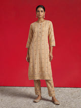 Beige cotton printed straight cut kurti set with comfortable pants