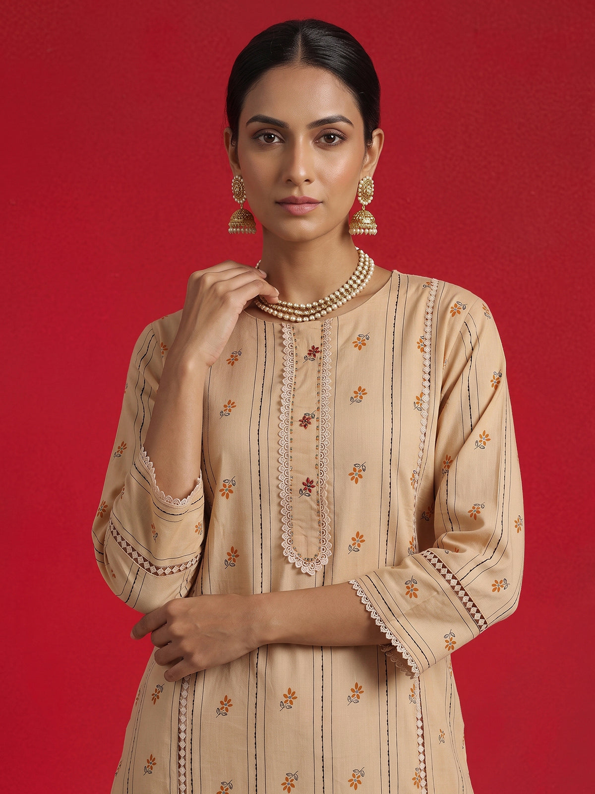 Beige cotton printed straight cut kurti set with comfortable pants