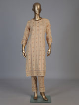 Beige cotton printed straight cut kurti set with comfortable pants