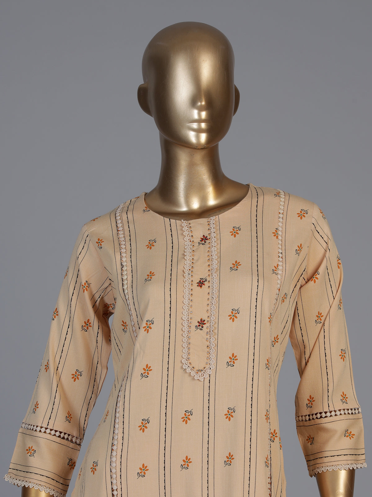 Beige cotton printed straight cut kurti set with comfortable pants