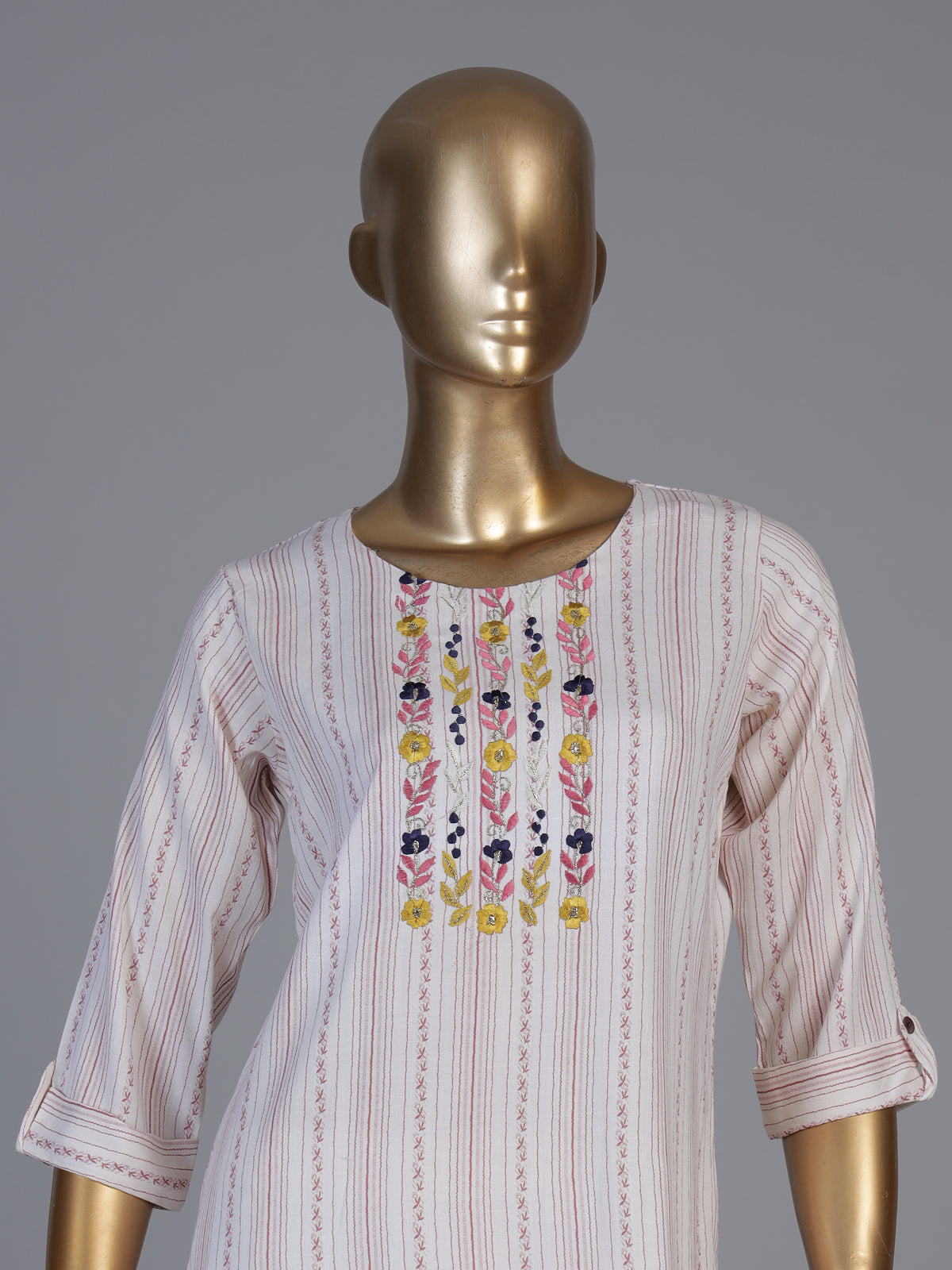 White cotton straight cut kurti set with delicate embroidery work