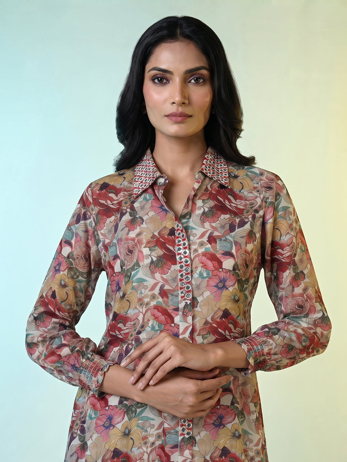 Maroon modal silk floral printed kurti with aabla and beads work