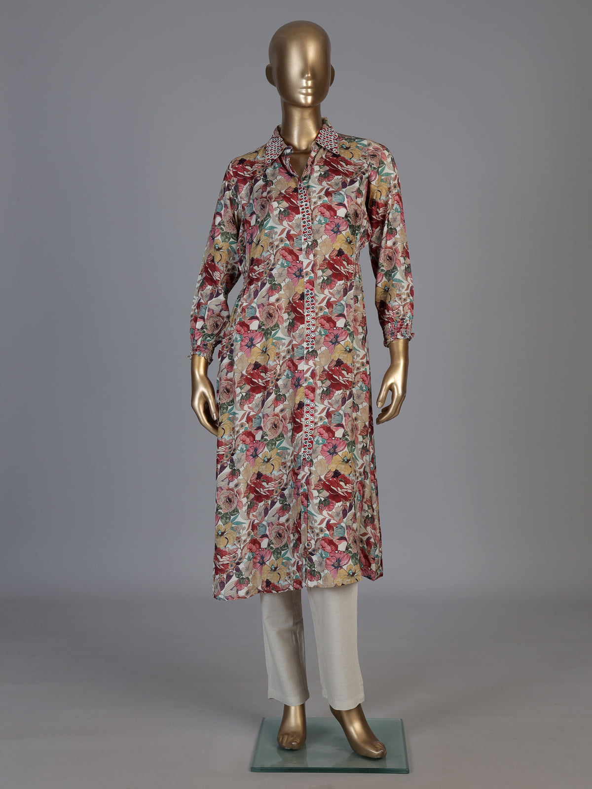 Maroon modal silk floral printed kurti with aabla and beads work