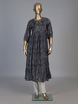 Grey silk printed yoke style kurti with thread work