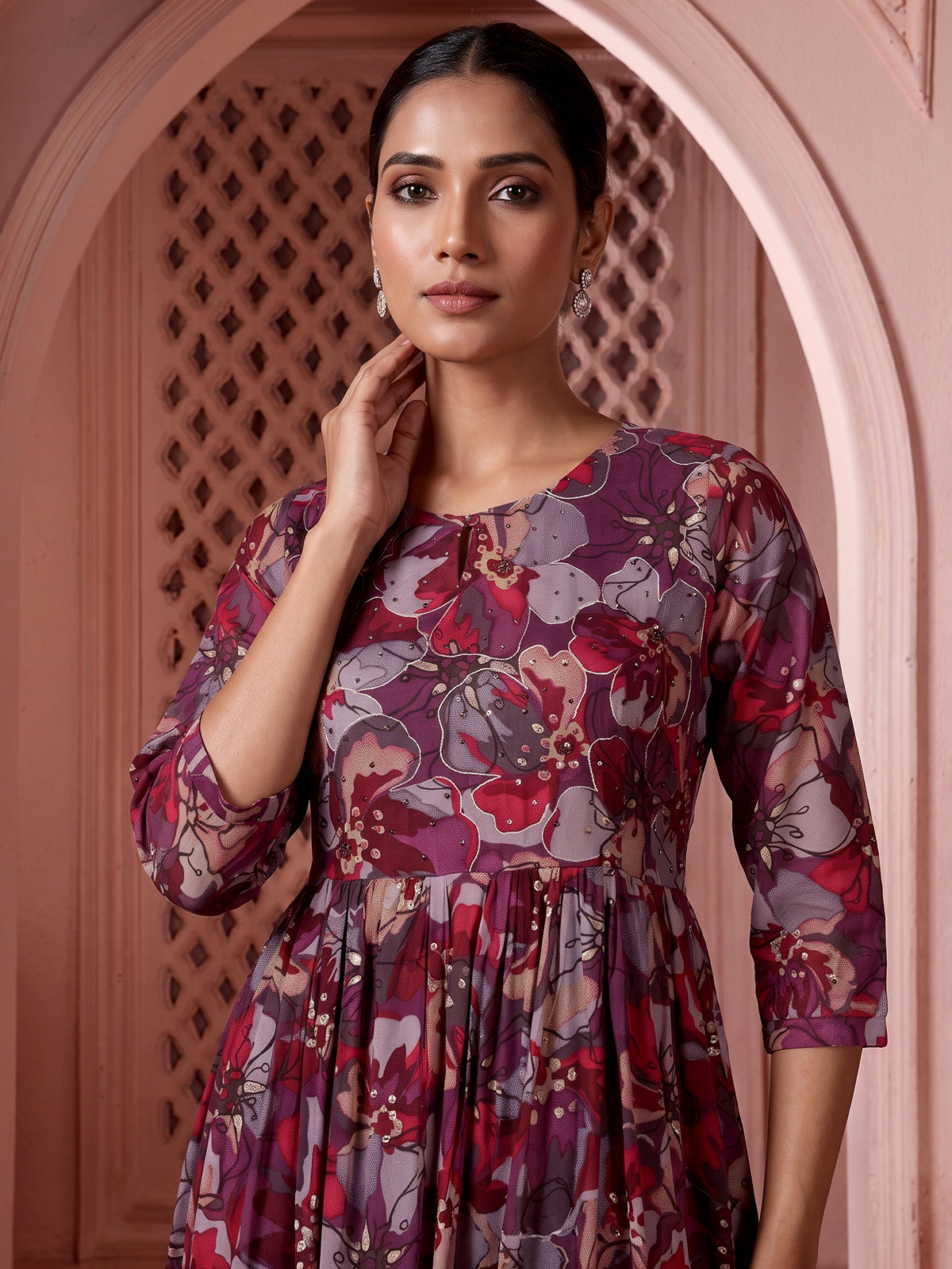 Purple silk floral printed kurti with elegant thread work