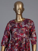 Purple silk floral printed kurti with elegant thread work