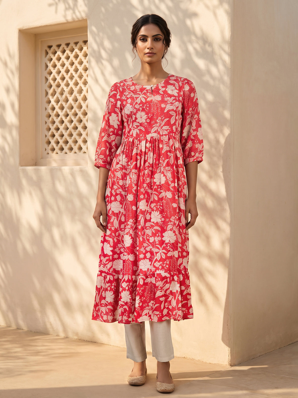 Red silk floral printed kurti with delicate sequins work