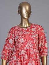 Red silk floral printed kurti with delicate sequins work