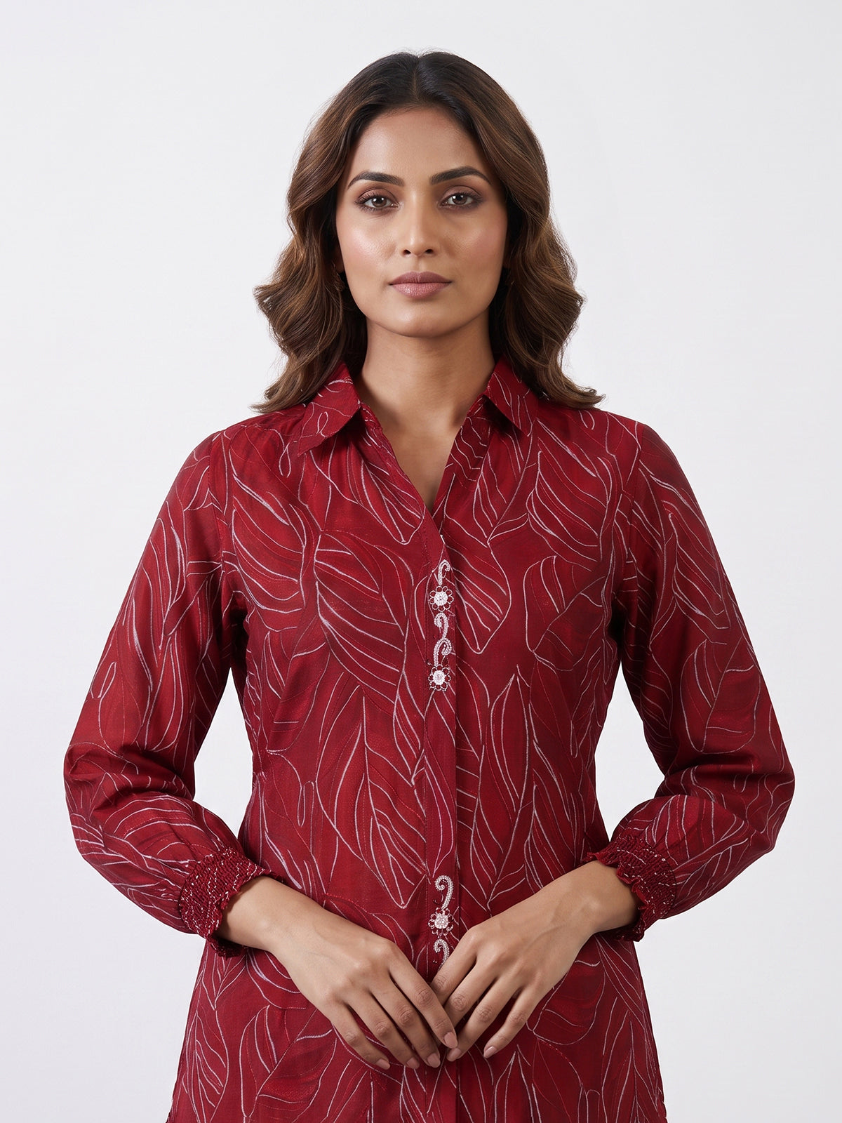 Maroon chanderi silk printed kurti with exquisite cutdana and beadwork