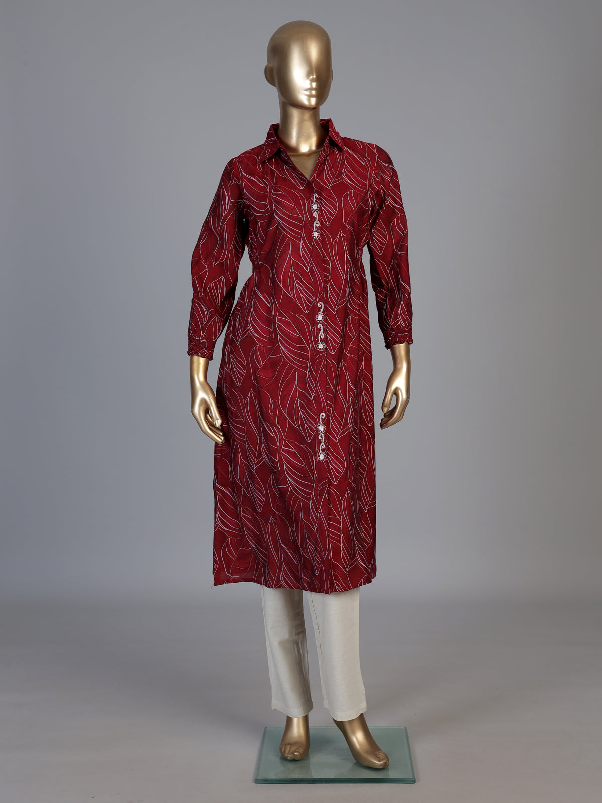 Maroon chanderi silk printed kurti with exquisite cutdana and beadwork