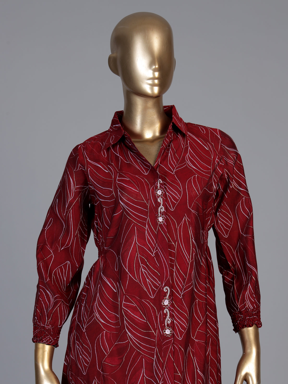 Maroon chanderi silk printed kurti with exquisite cutdana and beadwork
