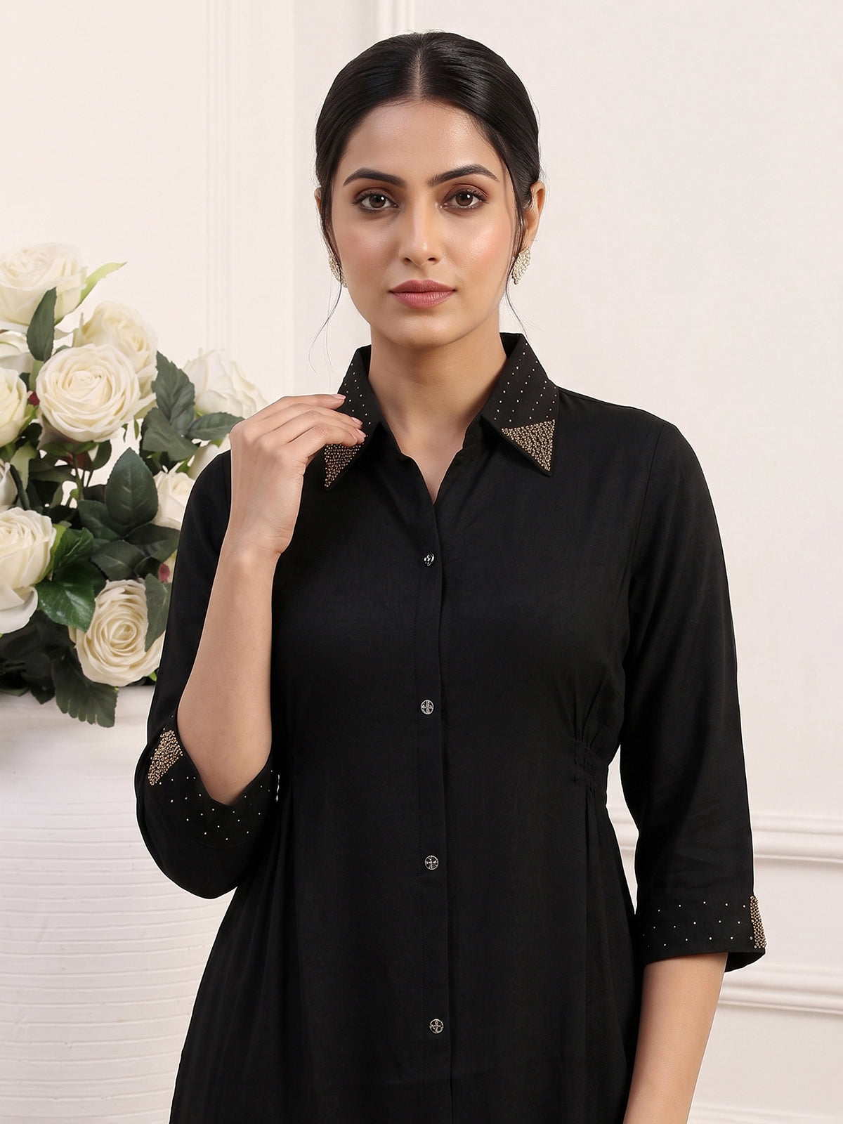Black polyester embellished kurti with elegant beads and sequins detailing