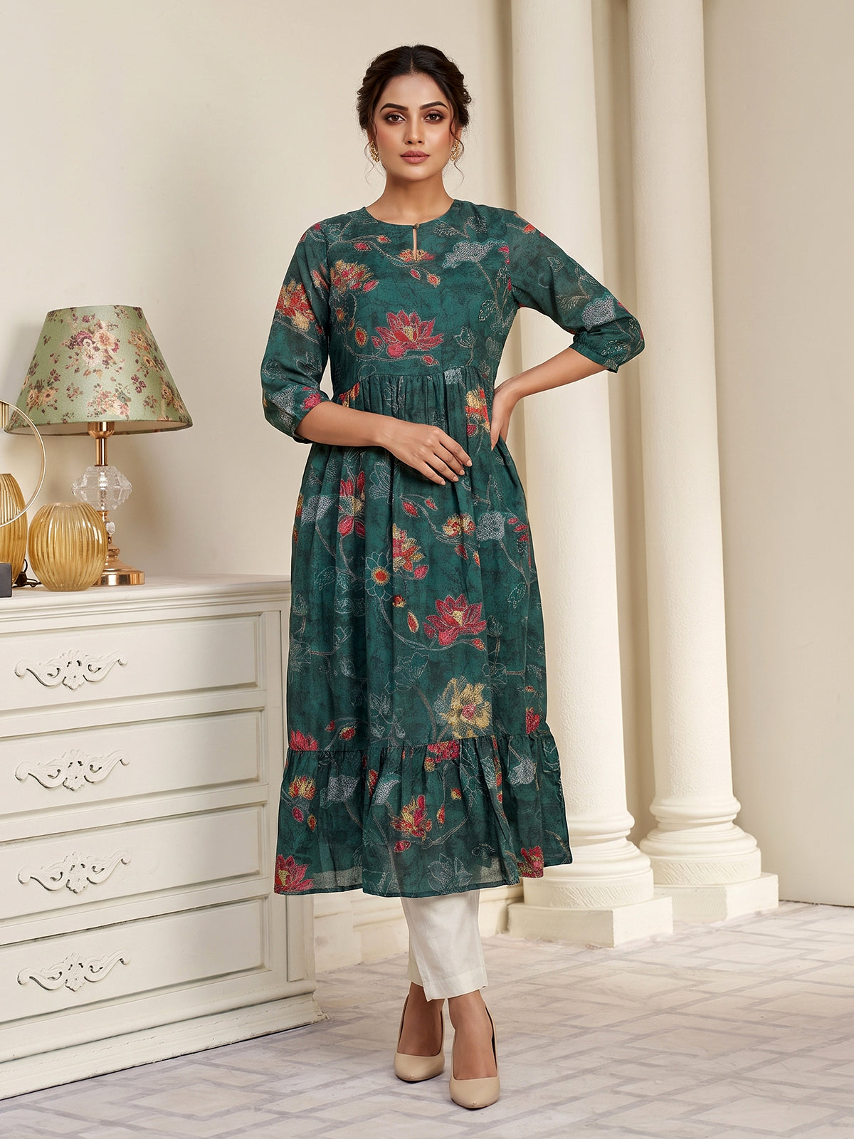 Green tussar silk floral printed kurti with pearls and sequins work