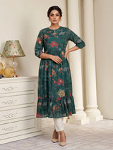 Green tussar silk floral printed kurti with pearls and sequins work