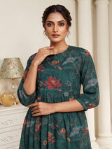 Green tussar silk floral printed kurti with pearls and sequins work
