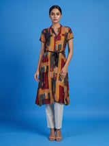 Yellow silk printed kurti with waist belt stand collar and cap sleeves