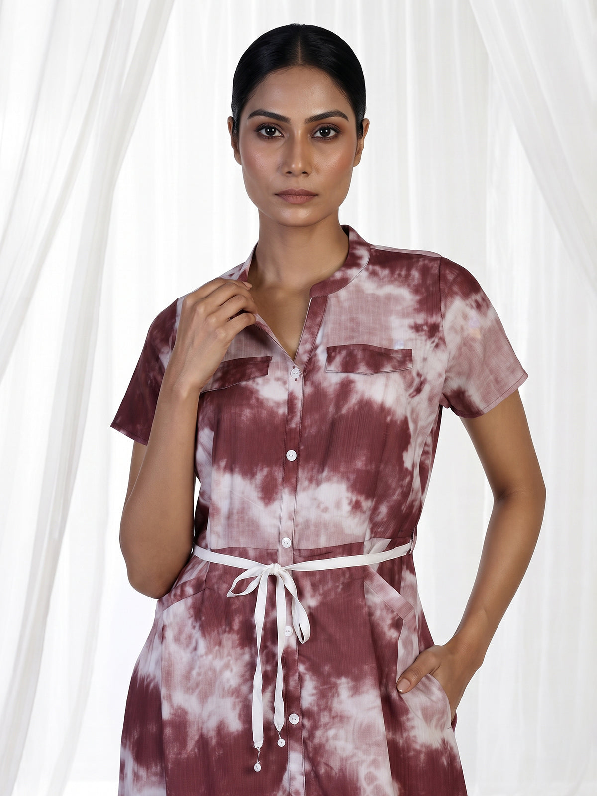 Wine chiffon shaded printed kurti with stand collar and waist belt