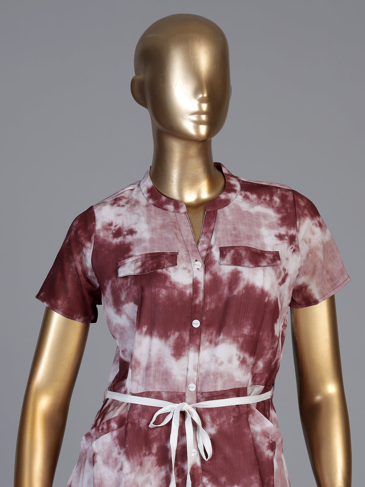 Wine chiffon shaded printed kurti with stand collar and waist belt
