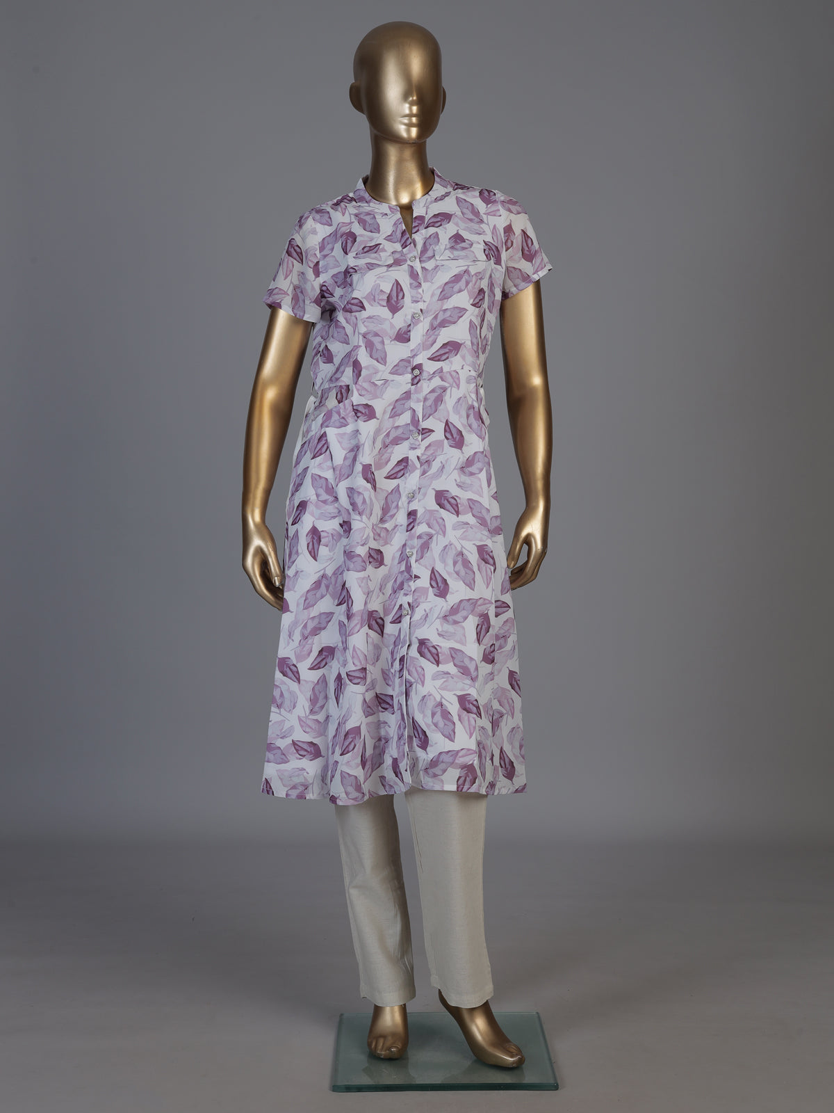 Purple chiffon printed kurti with stand collar and elegant cap sleeves