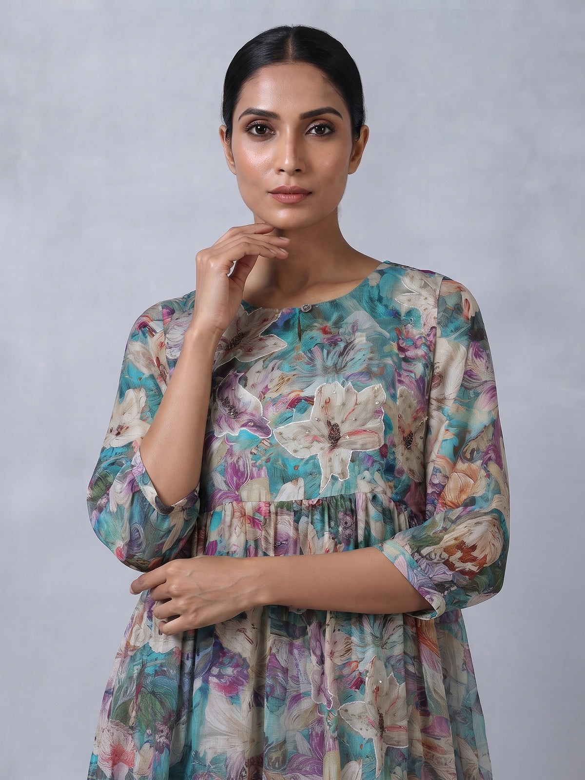 Blue silk printed kurti with cutdana and thread work