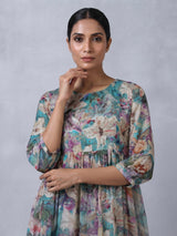 Blue silk printed kurti with cutdana and thread work