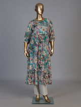 Blue silk printed kurti with cutdana and thread work