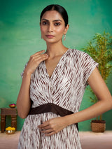Brown chiffon georgette printed V neck casual kurti for women