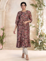 Brown silk floral printed kurti with intricate cutdana work