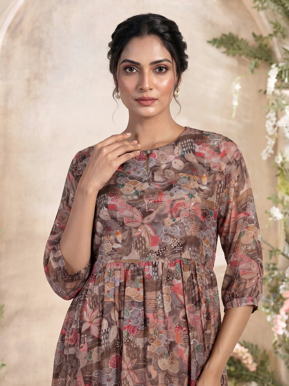 Brown silk floral printed kurti with intricate cutdana work
