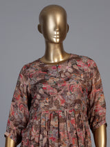 Brown silk floral printed kurti with intricate cutdana work