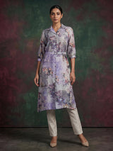 Grey tussar silk floral printed kurti with collar neck and waist belt