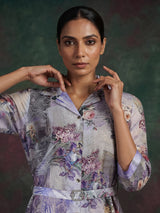 Grey tussar silk floral printed kurti with collar neck and waist belt