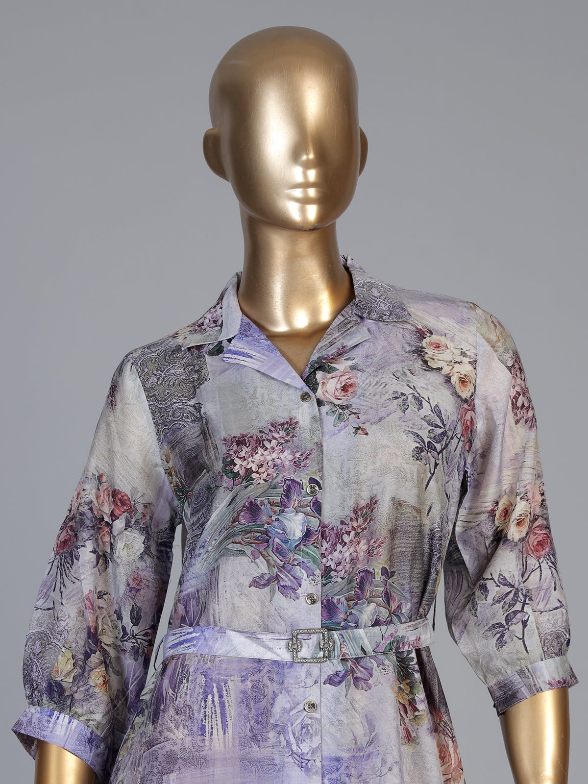 Grey tussar silk floral printed kurti with collar neck and waist belt