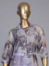Grey tussar silk floral printed kurti with collar neck and waist belt