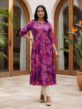 Purple tussar silk floral printed kurti with pearls work