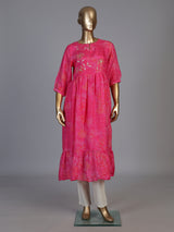 Pink tussar silk bandhej printed kurti with pearls work