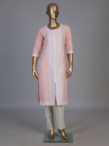 Peach chikan kurti with embroidery and elegant round neckline