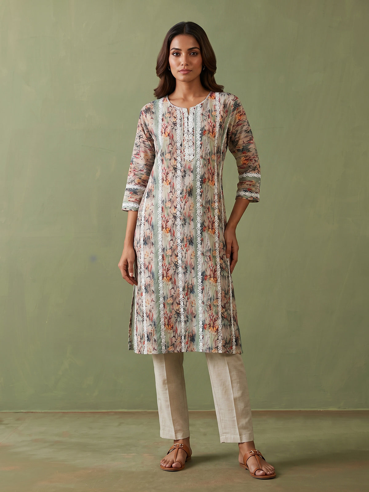 Multicolor silk floral printed kurti with embroidery detailing