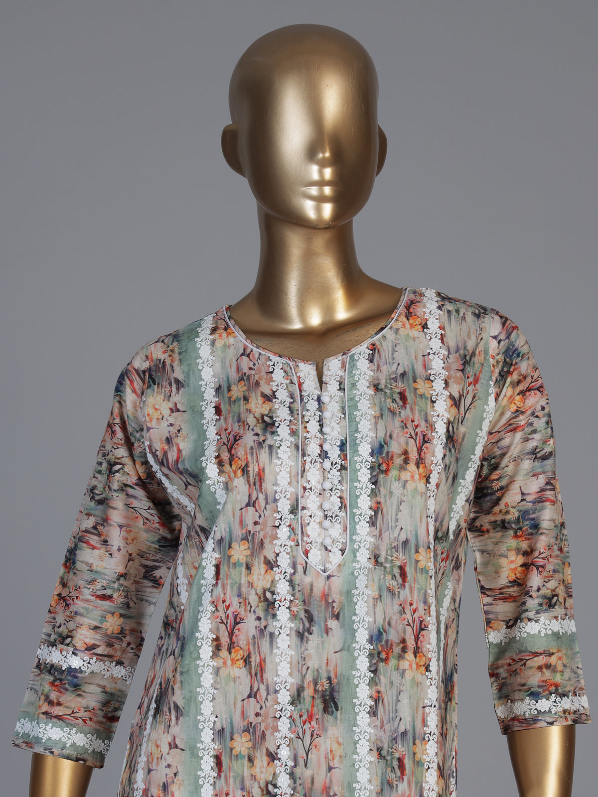Multicolor silk floral printed kurti with embroidery detailing