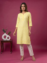 Yellow chikan embroidery kurti with shimmering quarter sleeves