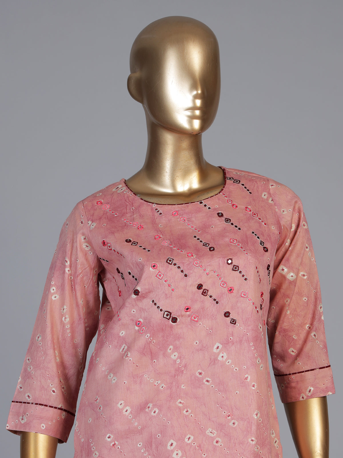 Onion pink silk printed kurti with embroidery aabla and round neckline
