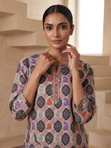 Grey chikan printed kurti with delicate sequins and quarter sleeves